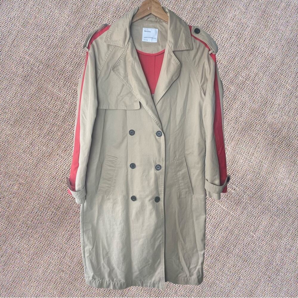 Bershka  "Inspirational" Classic Trench Coat  Size S / XS Red‎ Racer Striping